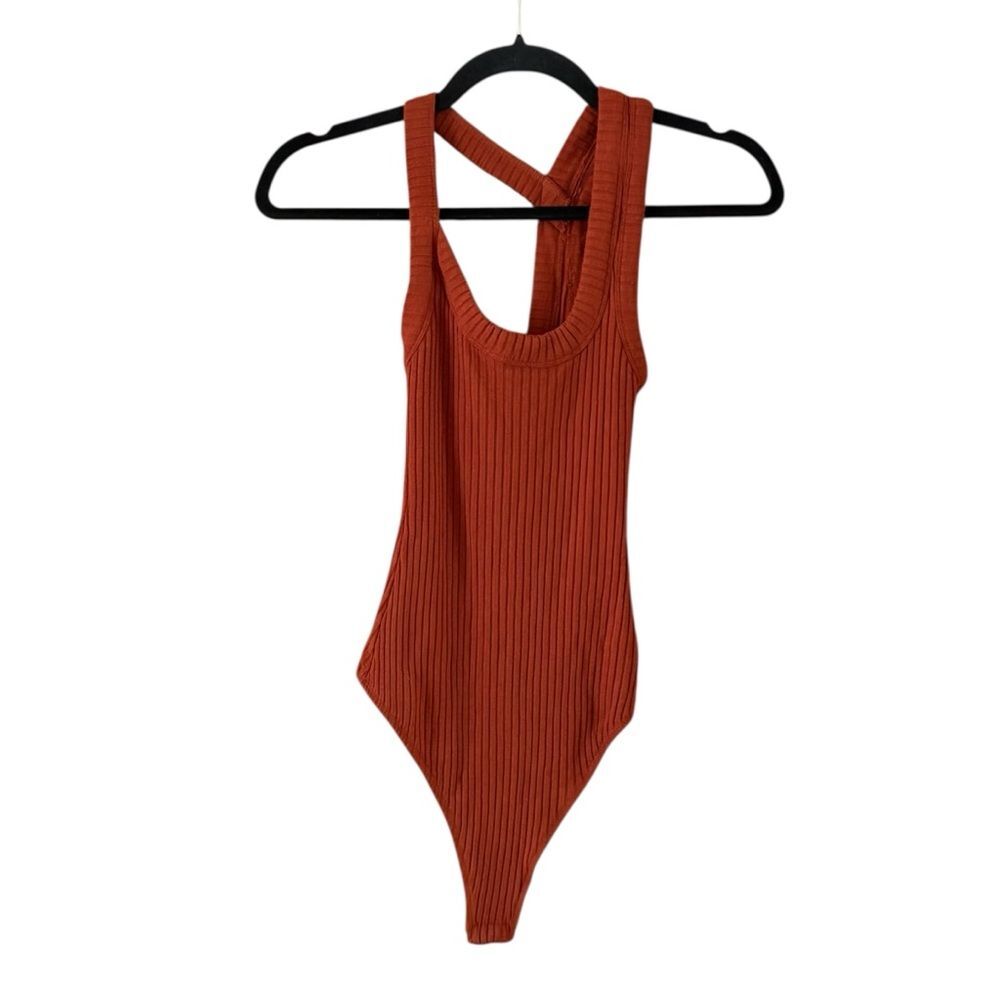 Alix NYC Drake Rust Orange Ribbed Asymmetrical Linen Blend Bodysuit Size Small